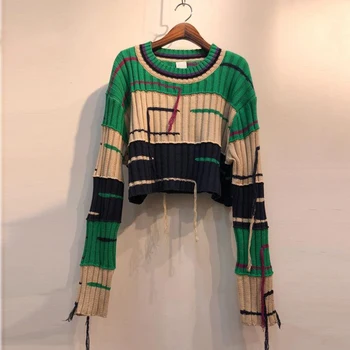 Patrón de corea Redondo de Manga Larga de la Moda Batwing Manga Corta Longitud de Patrón de Rayas Suéter flojo causal de la ropa de la parte superior