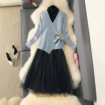 ALPHALMODA 2019 Moda Traje de Vestido de Vestido de Otoño Delgado de Manga Larga Suéter + Malla Inferior Vestido Elegante Set 2pcs