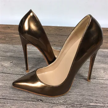Nuevo color de bronce de mujer de tacón alto de marcas exclusivas de patentes de la PU zapatos de las mujeres zapatos de tacón alto de 10 cm 12 cm QP027 ROVICIYA