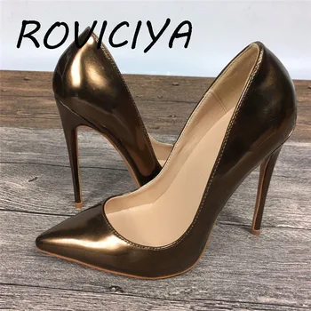 Nuevo color de bronce de mujer de tacón alto de marcas exclusivas de patentes de la PU zapatos de las mujeres zapatos de tacón alto de 10 cm 12 cm QP027 ROVICIYA