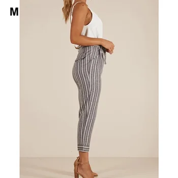 La mujer a rayas cintura alta delgada de alta nueve puntos de los pies pequeños pantalones casuales de la moda dulce cintura elástica bolsillos de los pantalones casuales