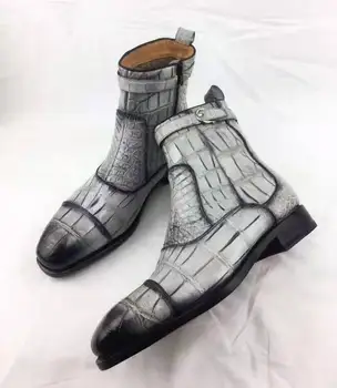 Super gran tamaño real del piel genuina de cocodrilo gris negro colores de los hombres botas de invierno de zapatos con la vaca real de la piel y forro de base