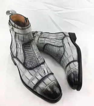 Super gran tamaño real del piel genuina de cocodrilo gris negro colores de los hombres botas de invierno de zapatos con la vaca real de la piel y forro de base