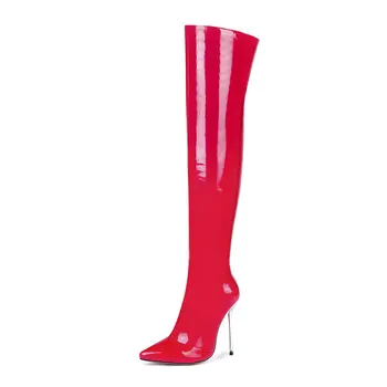 Sexy zapatos de Tacón Alto Más de la Rodilla Botas de las Mujeres de Moda de Cuero de Patente del Muslo Botas Otoño Invierno Dedo del pie Puntiagudo de la Cremallera de Mujer Zapatos de 2018