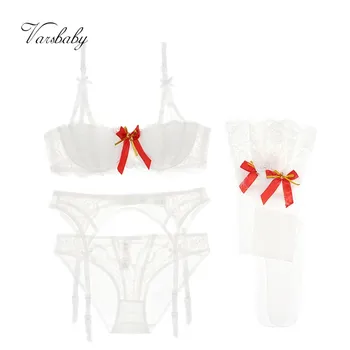Varsbaby sexy enorme moño rojo 1/2 taza de reunir ropa interior conjunto de 4 piezas de bras+bragas+ligueros+medias para damas