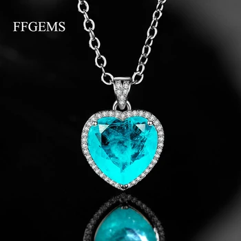 FFGems de Plata Creado Moissanite Turmalina Paraiba piedra preciosa Diamante Corazón grande Colgante de Collar de la Joyería al por mayor para las mujeres