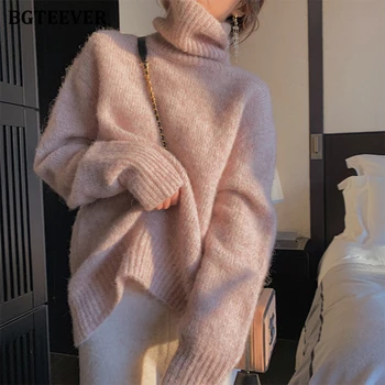 BGTEEVER Casual Caliente O-cuello de Cuello alto Suéter de los Puentes de las Mujeres 2020 Otoño Invierno Vintage Suave Suelto Femenino Jerséis de Punto
