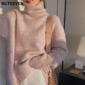 BGTEEVER Casual Caliente O-cuello de Cuello alto Suéter de los Puentes de las Mujeres 2020 Otoño Invierno Vintage Suave Suelto Femenino Jerséis de Punto