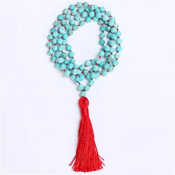 Anudado Collar de 108 Bolas Mala Collar Largo Collar Anudado a Mano de la Oración la oración Yoga Mala Perlas Turquoisebeads
