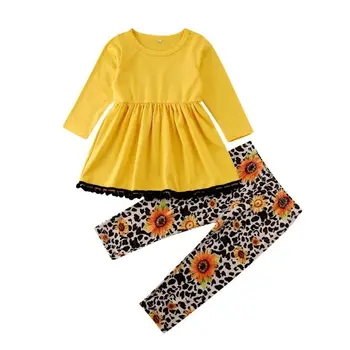 2Pcs Niños Niño Bebé Niña Manga Larga T-Shirt Tops+Floral Pantalones de Traje Conjunto de Ropa de Otoño Amarillo Girasol 2 3 4 5 6 Años de edad