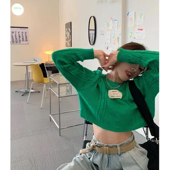 Mujer de los Suéteres de Punto de Manga Larga del O-cuello de Dulce de Mujeres Outwear Crop Tops coreano de la Moda Jersey de Otoño O Invierno, Ropa