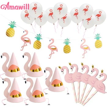 Amawill Flamingo Papel de Colorines Sombreros de Fiesta de color Rosa Cake Toppers Flamingo Globos de Látex para Decoraciones de Cumpleaños de Piña Decoración 8D