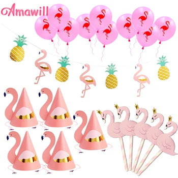 Amawill Flamingo Papel de Colorines Sombreros de Fiesta de color Rosa Cake Toppers Flamingo Globos de Látex para Decoraciones de Cumpleaños de Piña Decoración 8D