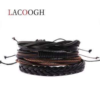 Lacoogh de cuatro piezas de tejido de pulsera de cuero de los hombres ajustable de la longitud de 19.5 cm brazaletes de las pulseras de los hombres de la moda de joyería