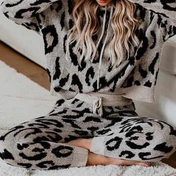 Otoño de Leopardo con Capucha de la Pieza 2 la Mujer del Conjunto de Cordón Llena de Manga Larga Pantalones de Hogar Femenina Conjuntos de 2021 Nueva Casual de las Señoras de Chándal