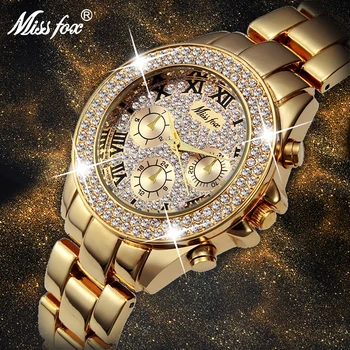 MISSFOX de Lujo Relojes de las Mujeres de Números Romanos Clásicos de Cuarzo Bracele Reloj de Diamantes de 18 quilates de Oro Falso Chrono Relojes de Cuarzo de Japón