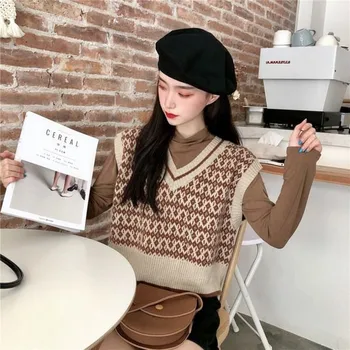 2020 el Otoño Y el Invierno Nuevo Estilo coreano de estilo sin Mangas V-cuello de Punto Chaleco Chaleco de las Mujeres ropa Exterior Versátil de Ajuste Flojo