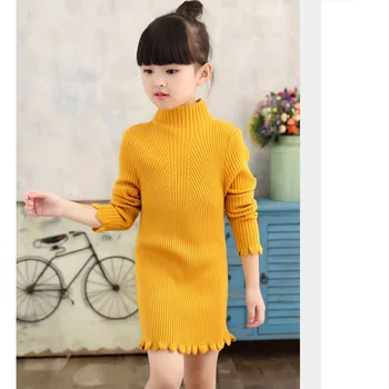 2019 Nuevo Punto de las Niñas Vestido de Color Sólido Niños de Cuello alto Suéter Vestido de Invierno Y Otoño Larga y Delgada Vestidos de las Niñas BC443