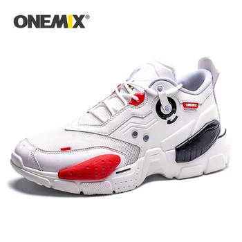 ONEMIX los Hombres Zapatillas de deporte de la Tecnología de Estilo de Cuero de la Amortiguación Cómoda Hombres Rojo Deporte Zapatos para Correr para las Mujeres de la Plataforma Retro Zapatos de Papá