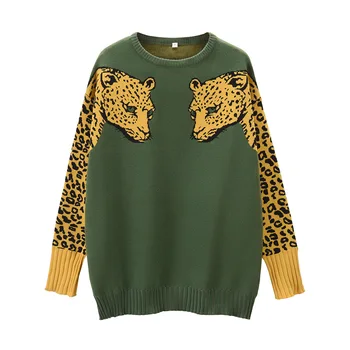 2020 Otoño Invierno Suéter de Punto para las Mujeres el Patrón de Leopardo de Manga Larga Jersey Suéter Casual Femenina Suelto Suéter Tops