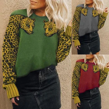 2020 Otoño Invierno Suéter de Punto para las Mujeres el Patrón de Leopardo de Manga Larga Jersey Suéter Casual Femenina Suelto Suéter Tops