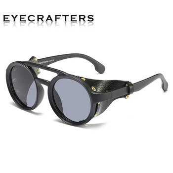 Eyecrafters Hombres Steampunk Gafas de Gafas de sol de las Mujeres Retro Tonos de Moda de Cuero Con protecciones Laterales de Estilo de la Ronda de gafas de Sol