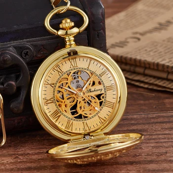 Mecánico Reloj de Bolsillo Elegante Hueco Flor de Grabar la Flip Case Fob de la Cadena de Reloj de Mano-Liquidación de la Vendimia Relojes para Hombres, Mujeres Regalos