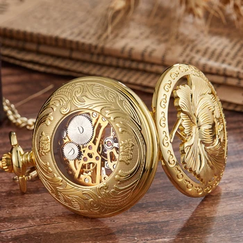Mecánico Reloj de Bolsillo Elegante Hueco Flor de Grabar la Flip Case Fob de la Cadena de Reloj de Mano-Liquidación de la Vendimia Relojes para Hombres, Mujeres Regalos