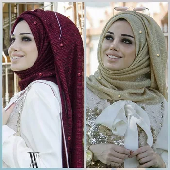 Glitter mujeres de oro de seda con perlas musulmana con hiyab chales y abrigos Islámica turbante femenino foulard suave fina hijabs pañuelo en la cabeza
