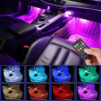 4pcs LED Coche Pie de Luz Ambiente de la Lámpara Con USB Remoto Inalámbrico de Control de Música de Múltiples Modos el Interior de los automóviles de las Luces Decorativas
