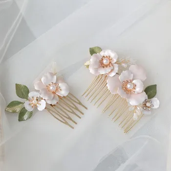 Oro Floral Nupcial Peines broches para el Pelo de la Hoja de Perlas de las Mujeres Accesorios de Mano con cable de Pelo de la Boda de la Pieza de la Fotografía de Modelado de Joyería