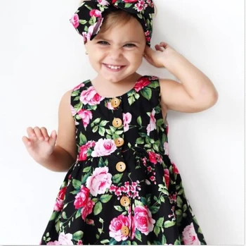 Niño de Infantil de los Niños de las Niñas de Bebé Florales Impresos sin mangas Fiesta Vestidos de Algodón + Diadema 0-4Y