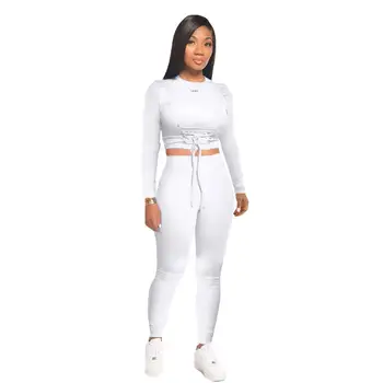 2020 de la Mujer Sport casual en color sólido O de cuello de manga larga sexy botón recortar la parte superior y los pantalones de 2 piezas conjunto