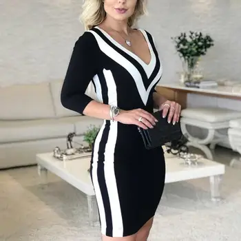 2020 Las Mujeres De La Moda Elegante Causal V-Cuello Negro Mini Vestidos De Fiesta Damas Sexy De Color En Contraste A Rayas Cinta Bodycon Vestido De Lentejuelas