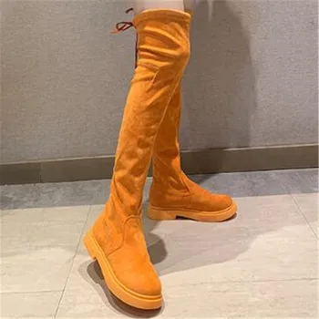 Botas de mujer de primavera de otoño muslo botas de moda más de la rodilla botas de mujer Femenina y Sexy tramo plano calcetín botas 35-39 negro naranja