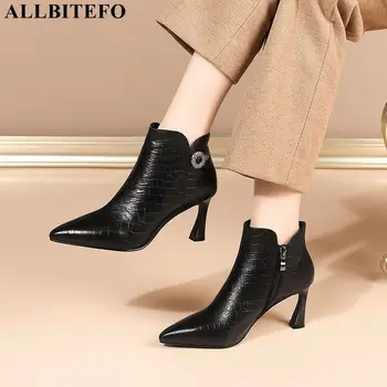 ALLBITEFO de cuero genuino sexy zapatos de tacón alto de las mujeres botas de diamante de imitación de la oficina de zapatos de damas botas de tobillo para las mujeres zapatos de las niñas