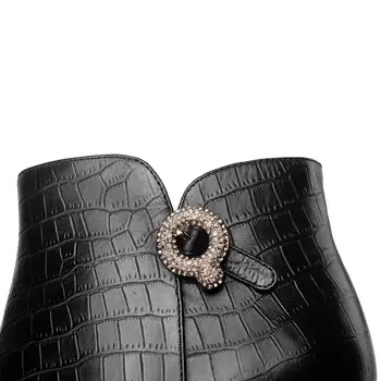 ALLBITEFO de cuero genuino sexy zapatos de tacón alto de las mujeres botas de diamante de imitación de la oficina de zapatos de damas botas de tobillo para las mujeres zapatos de las niñas
