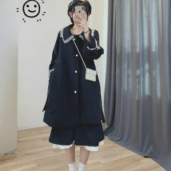 Abrigos para Mujer Moda Otoño coreano Preppy Kawaii Niñas Peter Pan Collar Suelto Chaqueta Sólido Fajas de Ocio de la Calle Nueva