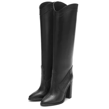Nueva marca de las mujeres botas de sqaure de tacón alto rodilla botas altas de cuero de imitación punta del dedo del pie de otoño con botas de negro marrón de invierno botas de nieve