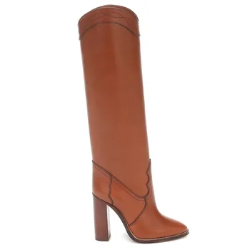 Nueva marca de las mujeres botas de sqaure de tacón alto rodilla botas altas de cuero de imitación punta del dedo del pie de otoño con botas de negro marrón de invierno botas de nieve