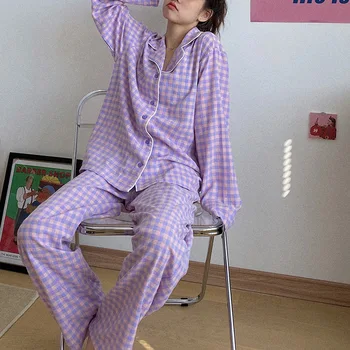 Nueva Moda de la ropa de dormir de Algodón de Mujeres Lindas Pijamas de Niñas de Manga Larga Tops+Pantalones con Bolsillos Raya Salón Informal Desgaste