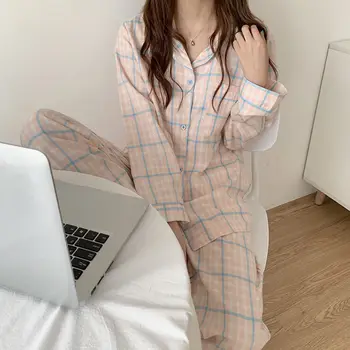 Nueva Moda de la ropa de dormir de Algodón de Mujeres Lindas Pijamas de Niñas de Manga Larga Tops+Pantalones con Bolsillos Raya Salón Informal Desgaste