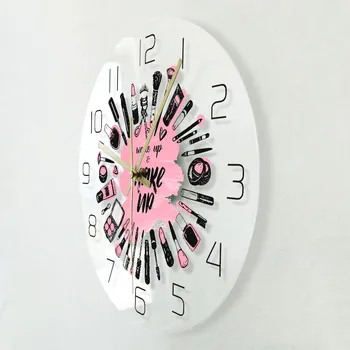 Despertar y Hacer Colección de Cosméticos de Acrílico del Reloj de Pared del Salón de Belleza de Negocios, Arte de la Pared de la Decoración del Reloj No Tictac del Reloj de Pared