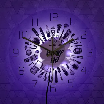 Despertar y Hacer Colección de Cosméticos de Acrílico del Reloj de Pared del Salón de Belleza de Negocios, Arte de la Pared de la Decoración del Reloj No Tictac del Reloj de Pared