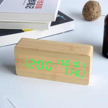 LED de Madera, Reloj despertador Calendario de Control de Voz de la Tabla del Reloj de Temperatura Digital Despertador de Escritorio de Reloj Electrónico de USB/AAA Poder