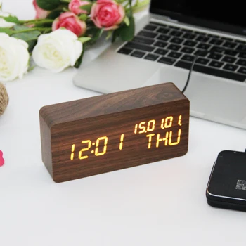 LED de Madera, Reloj despertador Calendario de Control de Voz de la Tabla del Reloj de Temperatura Digital Despertador de Escritorio de Reloj Electrónico de USB/AAA Poder