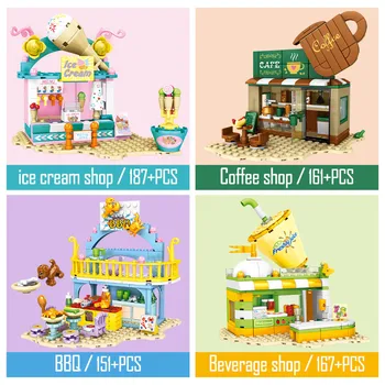 4in1 de BRICOLAJE Amigos de la Ciudad de Street View Tienda de helados Bloques de Construcción de Café, BARBACOA Modelo de Tienda de Ladrillos Regalos Educativos Juguetes para Niñas