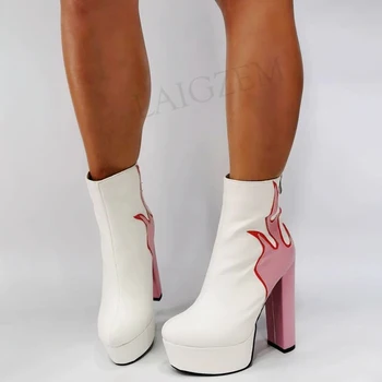 BERZIMER Plataforma de Botas de Tobillo de la Llama de Bloques Gruesos Tacones Altos Botines de Patchwork Botas Zapatos de Mujer de Gran Tamaño 43 44 45 47