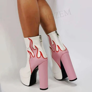 BERZIMER Plataforma de Botas de Tobillo de la Llama de Bloques Gruesos Tacones Altos Botines de Patchwork Botas Zapatos de Mujer de Gran Tamaño 43 44 45 47