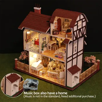 Muebles de Casa de muñecas de Bricolaje en Miniatura Cubierta de Polvo 3D de Madera Miniaturas de casa de Muñecas Ciudad de las Flores Grandes Juguetes para Cumpleaños de niña de Regalos